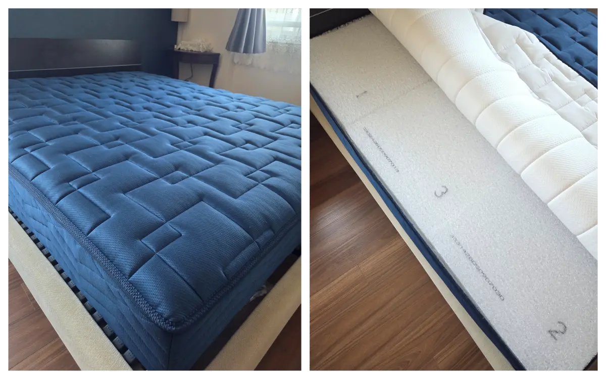 左：青いキルティング加工のマットレスが木目調の床に置かれている。右：マットレスの断面。3層構造で、上から順に白い層、グレーの層、白い層になっている。各層には数字のラベルが付いている。