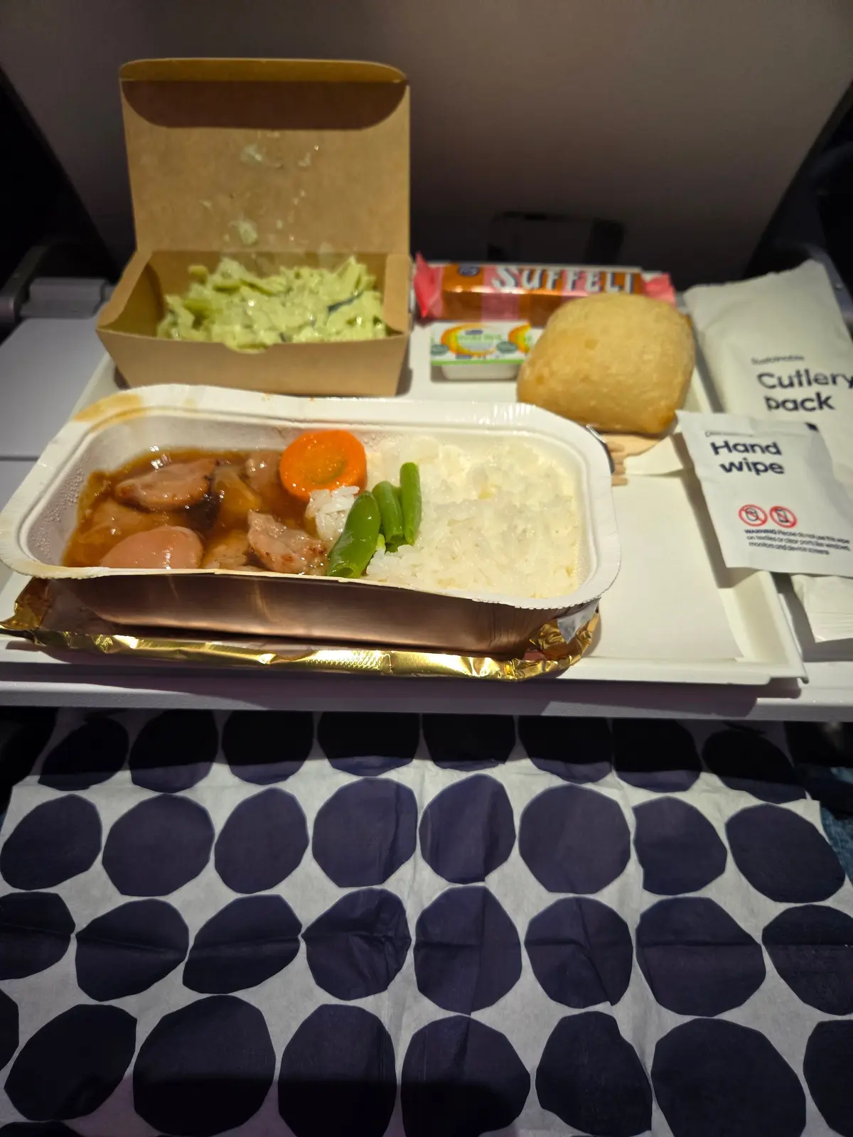 航空機内での食事。プラスチック容器に、鶏肉と野菜の煮込み、白米、サラダ、パン、お菓子が盛り付けられている。白いテーブルクロスが敷かれ、背景には青と白の柄が見える。