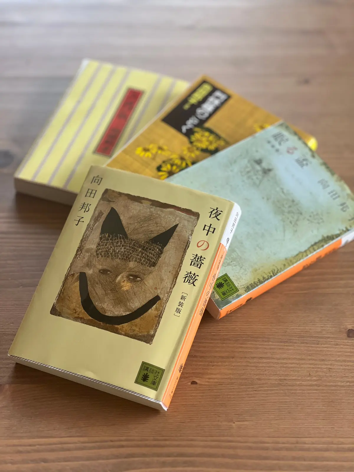 木製のテーブルに置かれた、3冊の日本語の書籍。手前には、黄土色地に黒いキツネのイラストが描かれた「夜中の薔薇」と書かれた本。奥には、緑と青色の表紙の本が並んでいる。