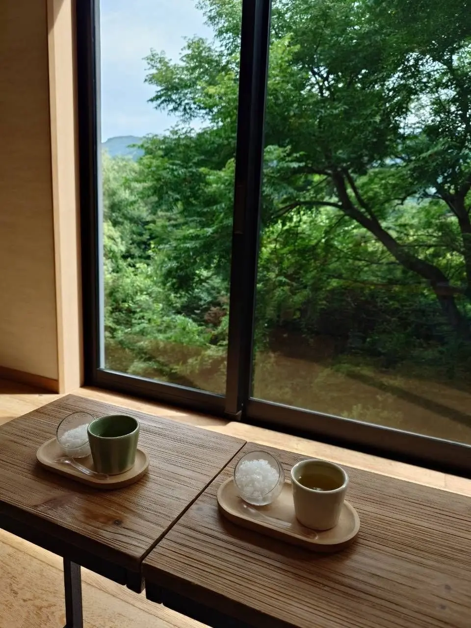 三輪湯河原のロビー。木製のテーブルに置かれた、氷と緑色の飲み物がセットになった2つのトレー。背後には大きな窓から緑豊かな木々が見える。