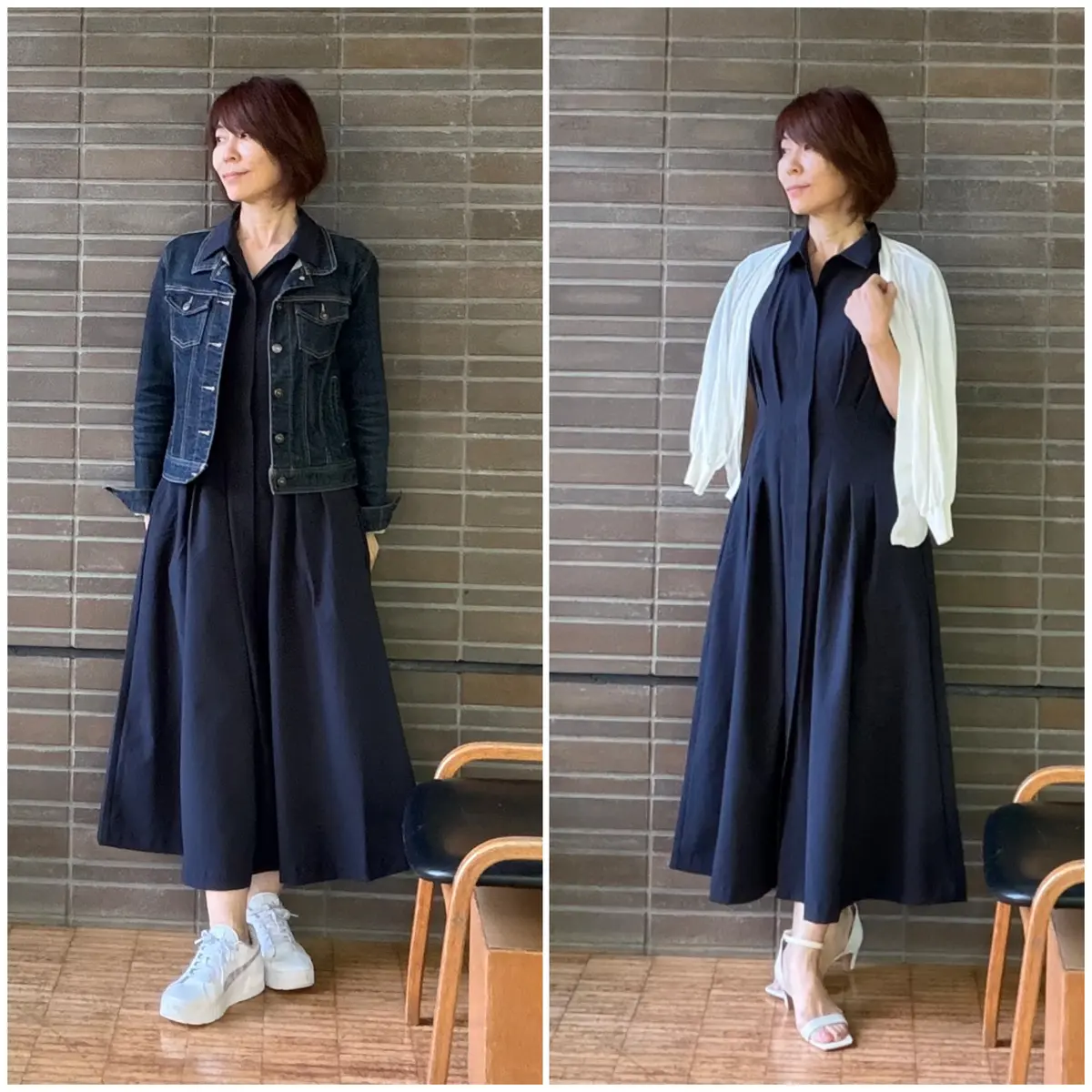 UNIQLO ユニクロ　PUMA  ワンピース　シャツワンピース　シアサッカーシャツワンピース　スニーカーコーデ　デニムジャケット　Gジャン  ショートボブ プチプラコーデ　ネイビーコーデ　eclat  jマダムのおしゃれ