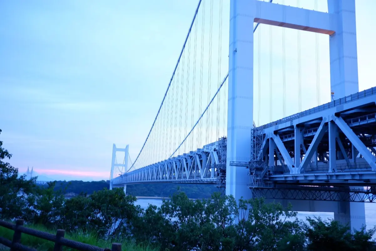 夕暮れ時の空を背景にした、白い巨大な吊り橋。橋脚から張り巡らされた多数のケーブルが特徴的。水面を渡り、遠くまで続く橋の構造がわかる。手前には緑の木々が生い茂っている。