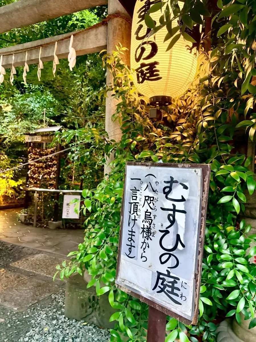 木造の鳥居と黄色の提灯、緑の葉に囲まれた「ご案内」の看板が並ぶ神社入口