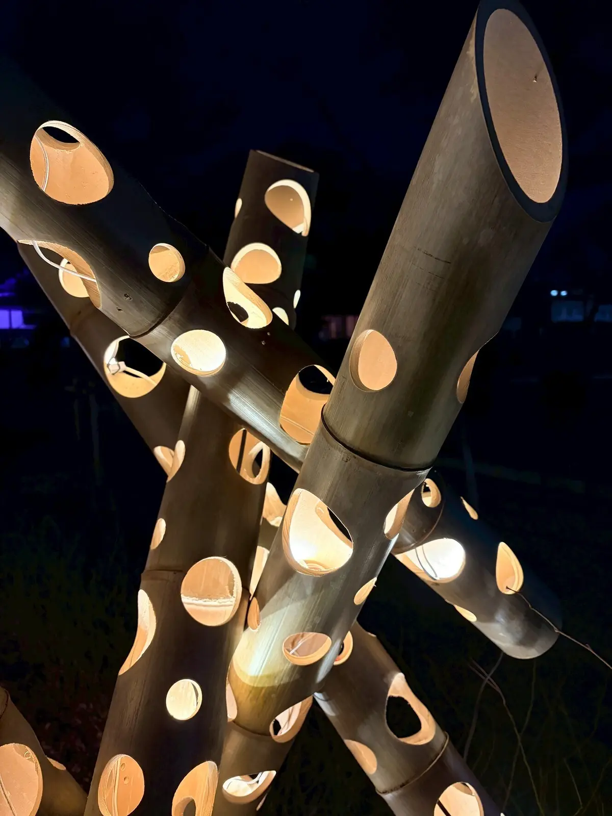 川越城のライトアップ、竹の照明