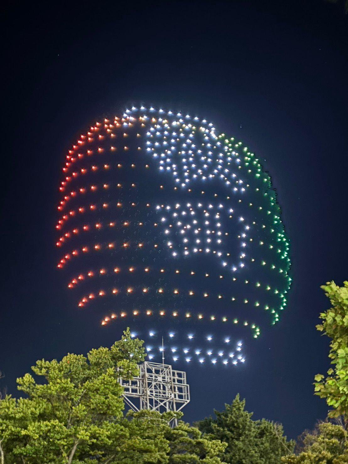 夜空に赤、白、緑の光で描かれた、ワシの形をしたドローン群。背景には木々と金属製の塔が見える。
