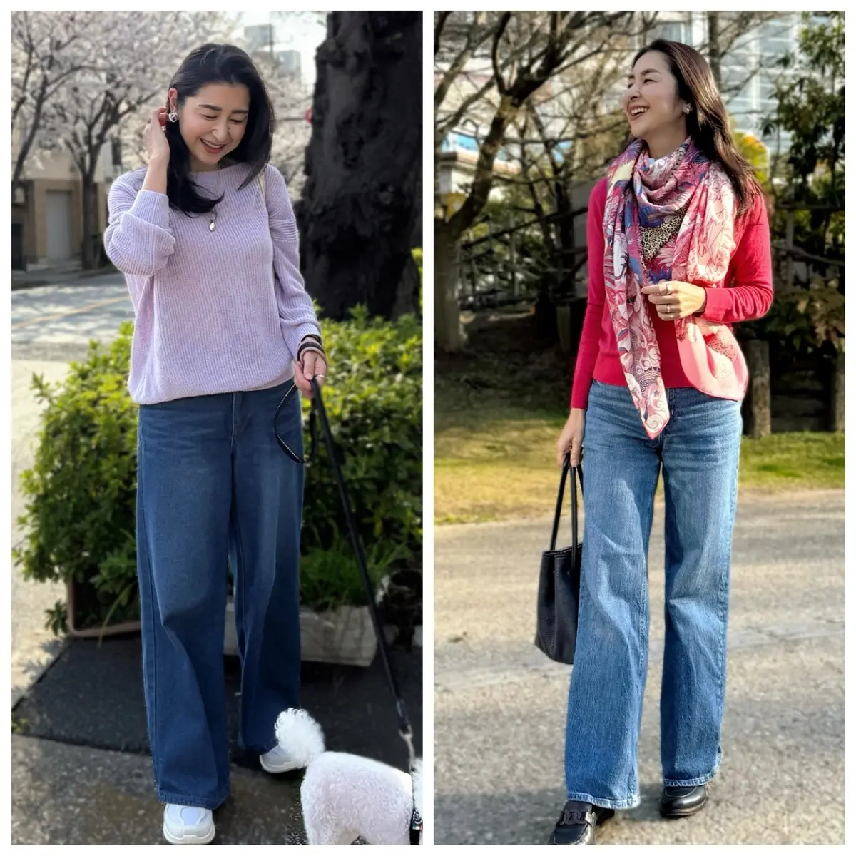 ピンクニット、ラベンダーニット、ブルーデニム