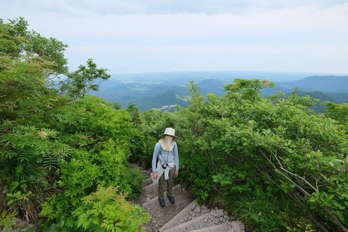 山頂の石段に立つ女性、広大な山並みと緑豊かな森林が背景に広がる