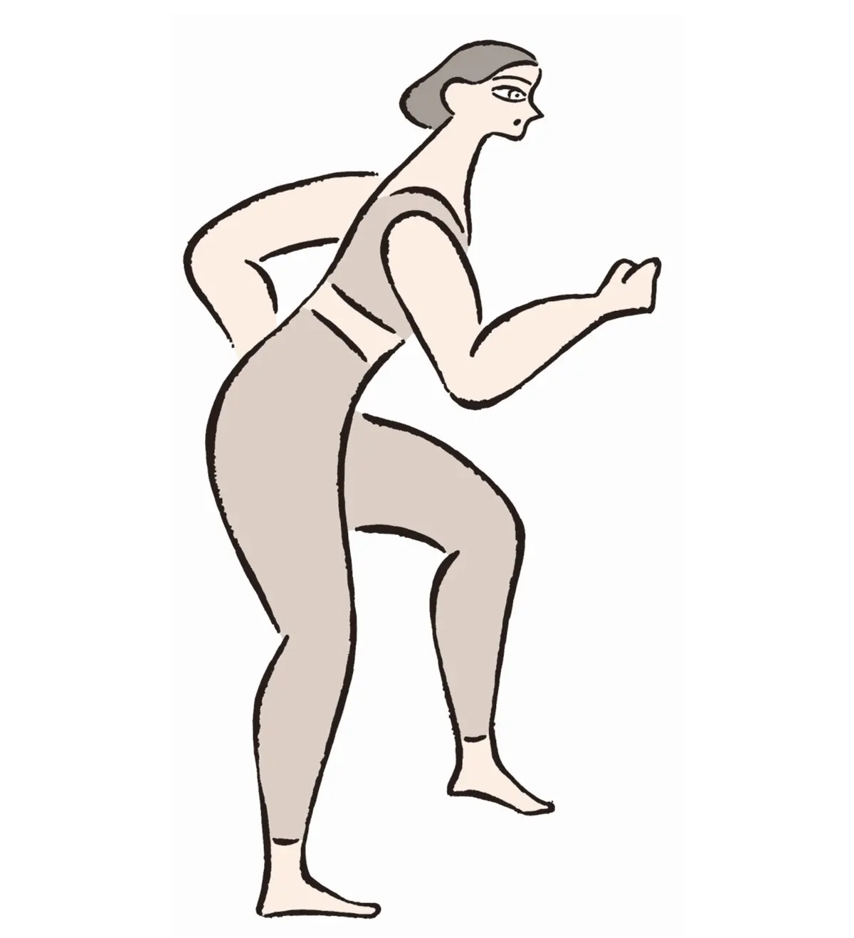 動きのある女性のイラスト。茶色のトップスとパンツを着用し、片足を前に出した走るポーズ。灰色の髪をまとめ、正面を見つめている。