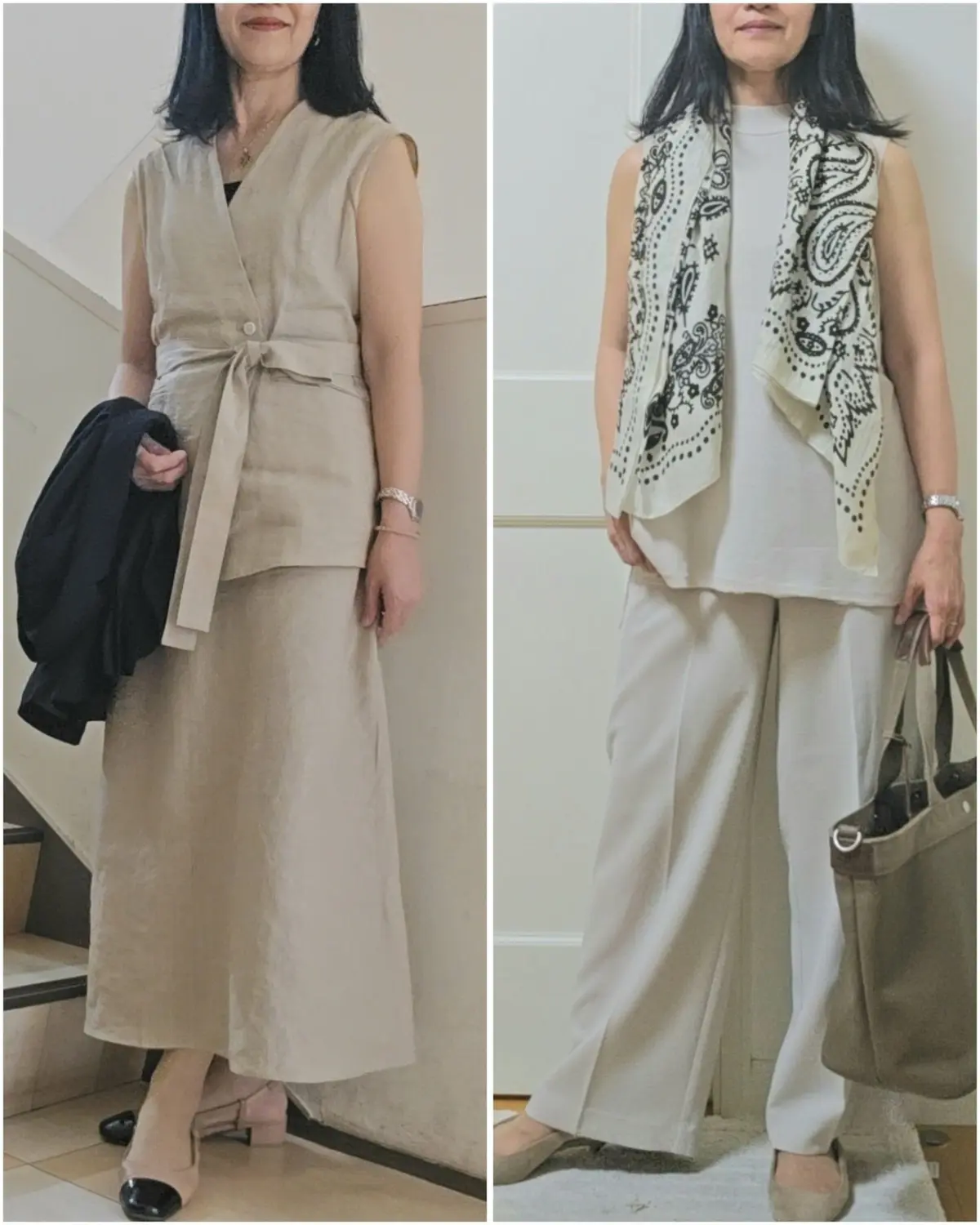 左：ベージュのロングスカートとベストのセットアップ。黒いジャケットを脇に抱え、黒いパンプスを履いている。右：白いパンツとタンクトップに、白地に黒の模様のショールを羽織ったスタイル。ベージュのトートバッグを持つ。