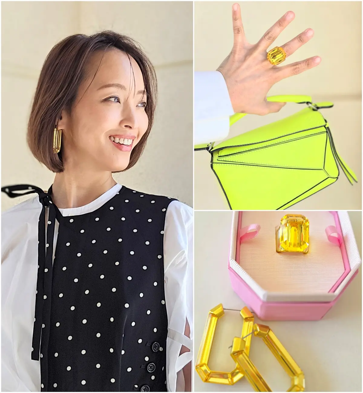 エクラ 華組 大岩三智子さん　50代　イエローバッグ　夏コーデ　ロエベ　パズルバッグ