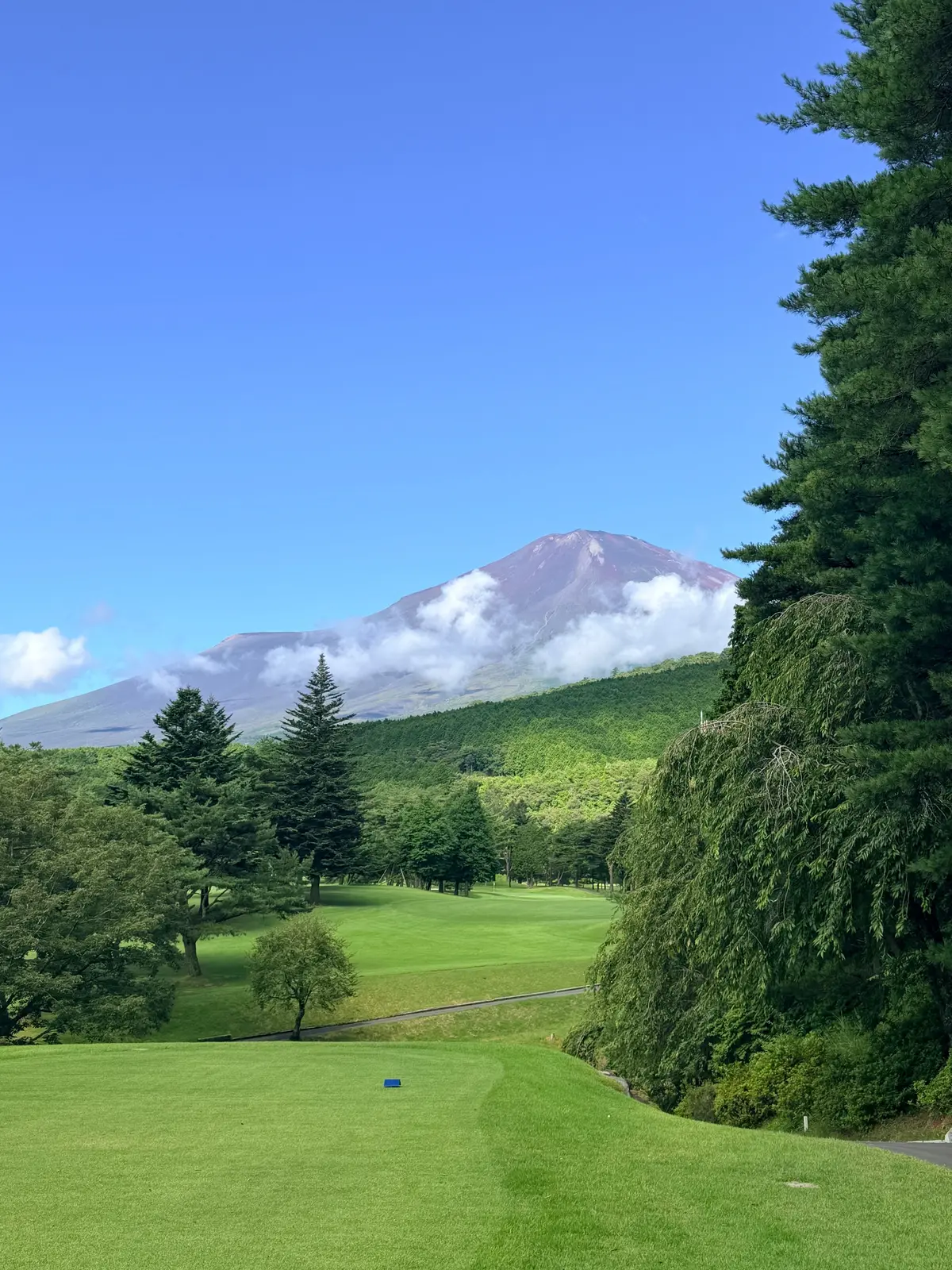 強羅花壇富士ゴルフ 緑のゴルフコース越しに、雲を抱く富士山がそびえ立つ風景。手前には木々が生い茂り、青空が広がる