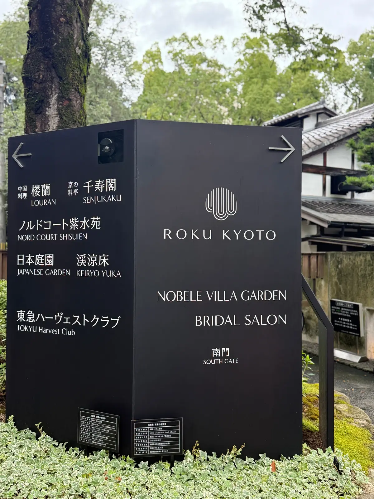 黒い案内板に、京都（ROKU KYOTO）のロゴと、周辺施設名が日本語と英語で記載されている。左右に矢印があり、進む方向を示す。手前に小さな案内板が2枚設置されている。背景には緑豊かな植栽が見える。