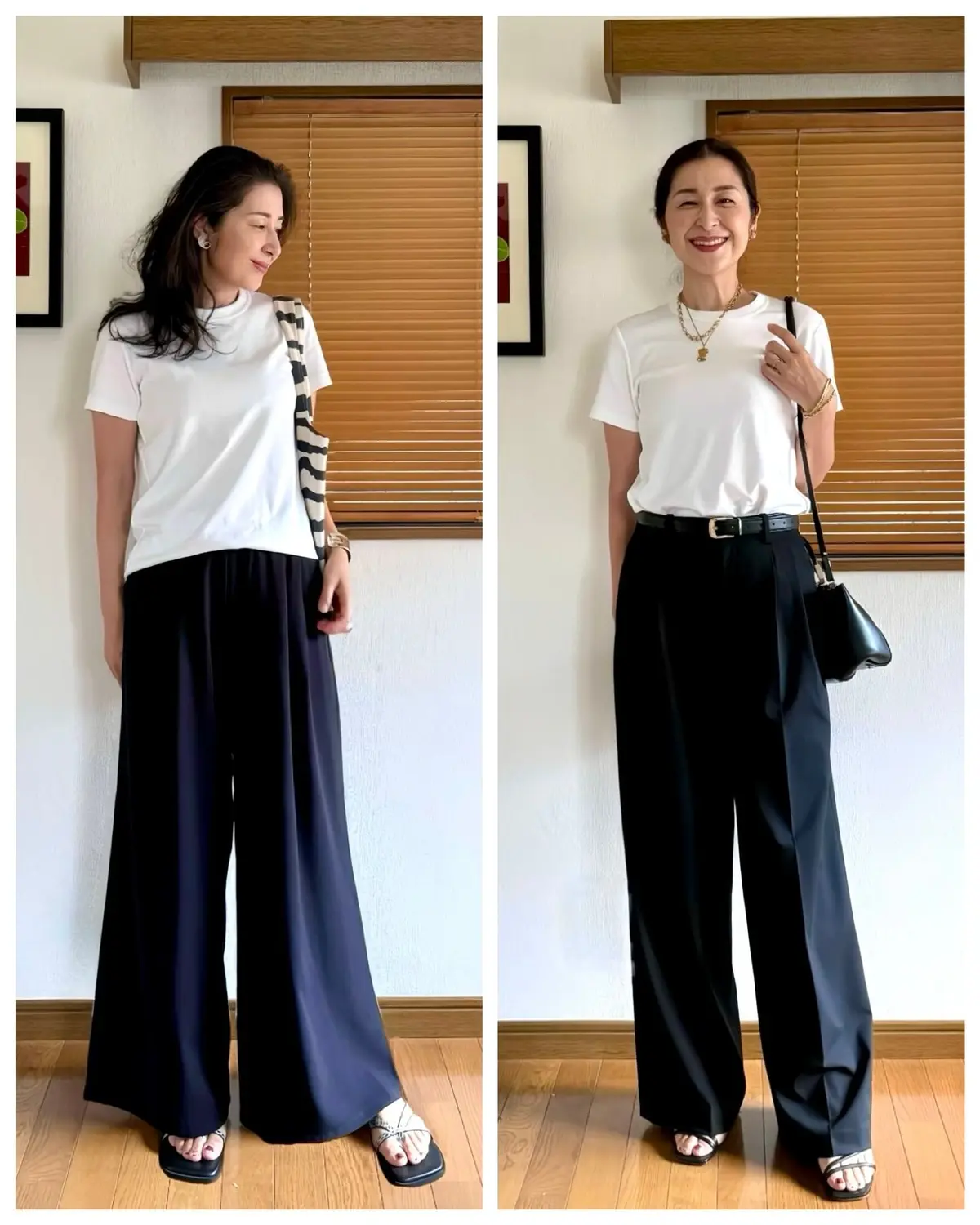白いTシャツに黒いワイドパンツを合わせた女性。左は柄のスカーフ、右は黒のベルトとバッグを着用。両画像とも白いサンダルを履き、笑顔を見せている。背景には木製のブラインドが見える。