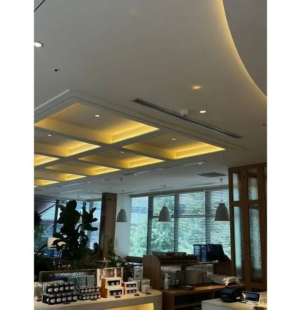 カフェの店内。白い天井に、間接照明が入った正方形の装飾が並ぶ。窓から自然光が差し込み、カウンターや植物が見える。ペンダントライトが吊り下げられている。
