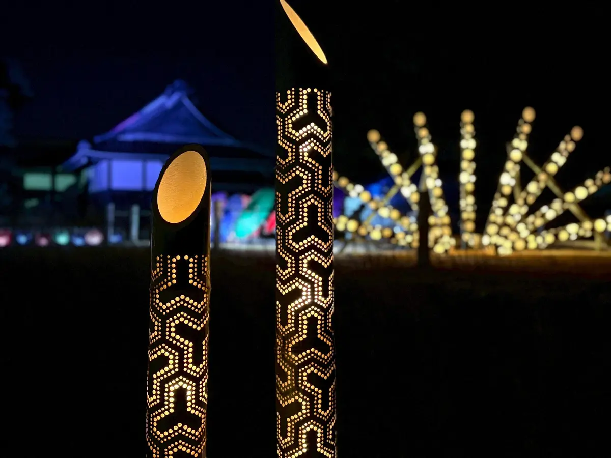 川越城のライトアップ。美しい竹細工の照明