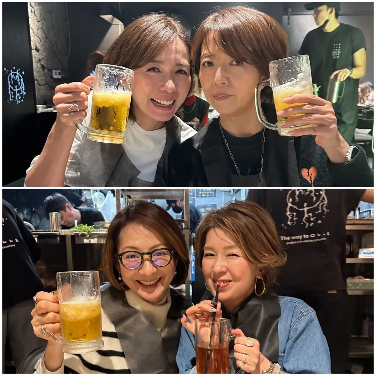 2枚の画像。いずれも2人の女性がビールやソフトドリンクを手に掲げ、笑顔で乾杯している様子。背景には人々や装飾が見える。