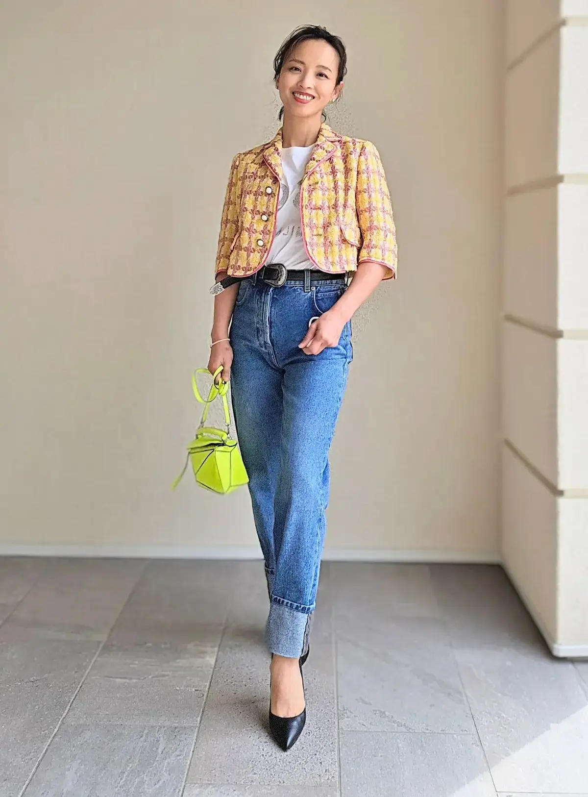 春色ツイードジャケット　デニムパンツ　春ファッション