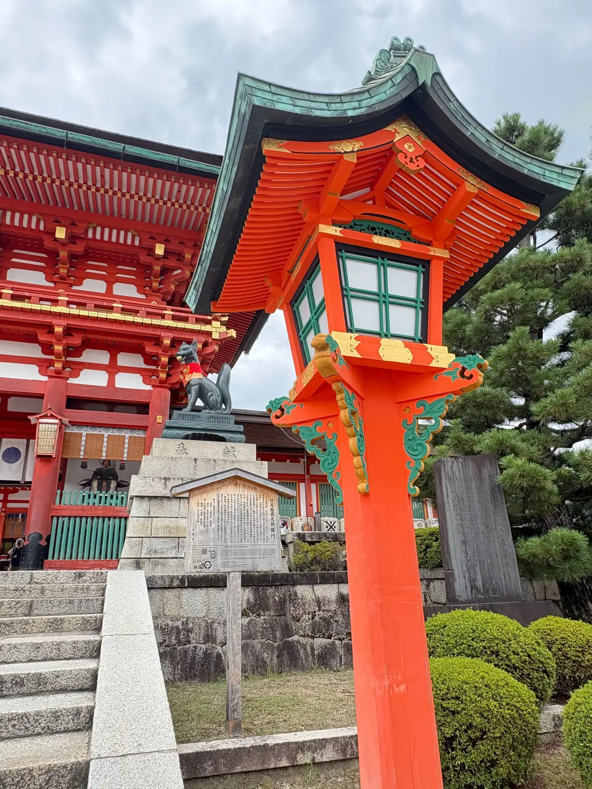 鮮やかなオレンジ色の鳥居がそびえ立ち、その手前には多くの人が歩いている。背景には伝統的な日本の建物と、曇り空が広がっている。