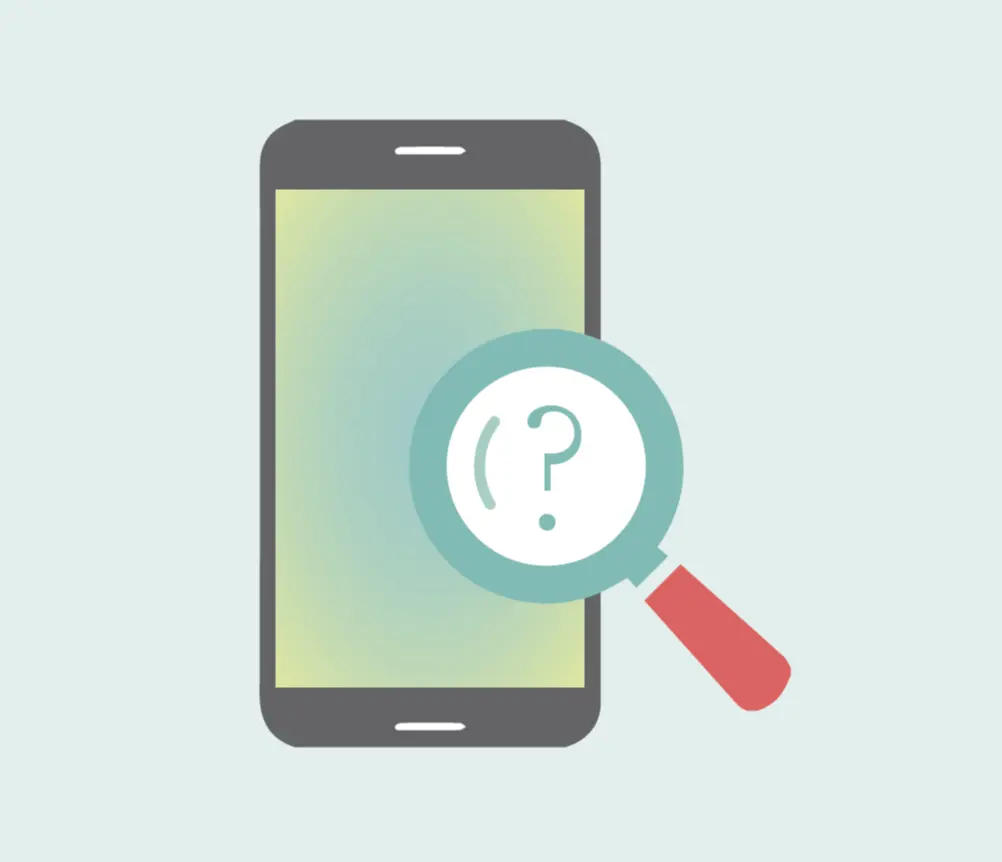 スマートフォン画面に表示された疑問符を拡大鏡で確認しているイラスト。背景は淡い緑色。