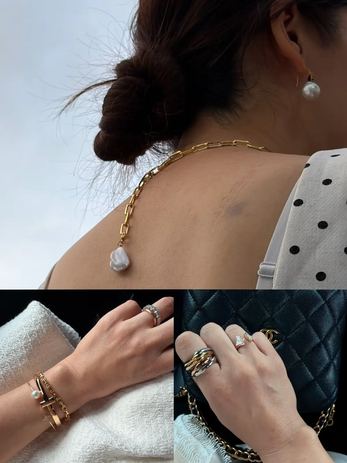 アクセサリーの重ね付けコーデ。ティファニーやカルティエのブレスレット、そしてトリニティーリングを６本重ねています。