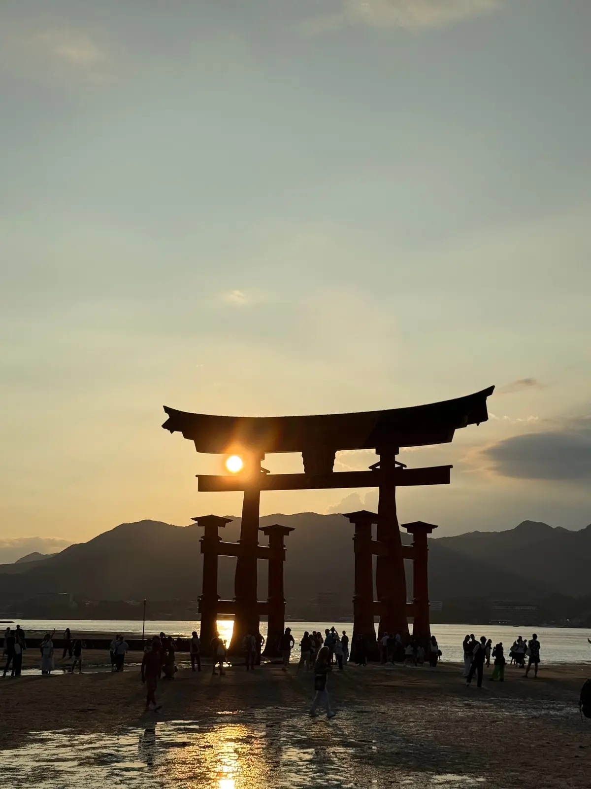瀬戸内海の夕日に照らされた、鮮やかなオレンジ色の鳥居。複数の鳥居が水面に反射し、背景には山々が連なる。多くの人が鳥居を見学している。