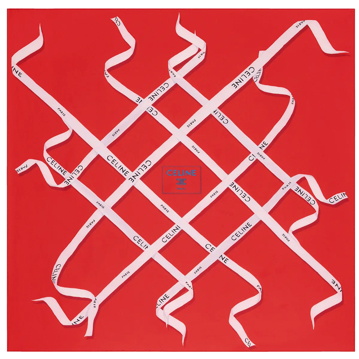 スクエアスカーフ。 90×90㎝、シルク100％。 目をひく鮮やかなレッド地に、白いリボンが 何本も交差する大胆な柄。コレクション全体 を彩るリボンの横断的なテーマを反映