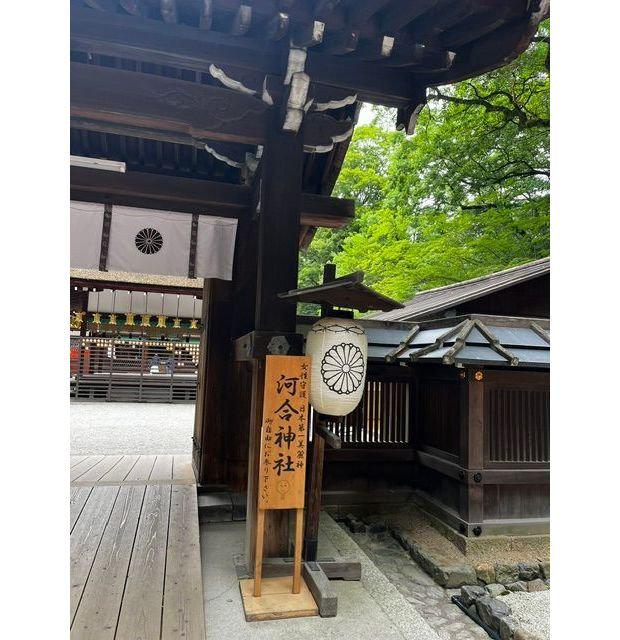 伝統的な日本の寺院の入り口、木造の門と白い提灯、緑の木々が背景に広がる