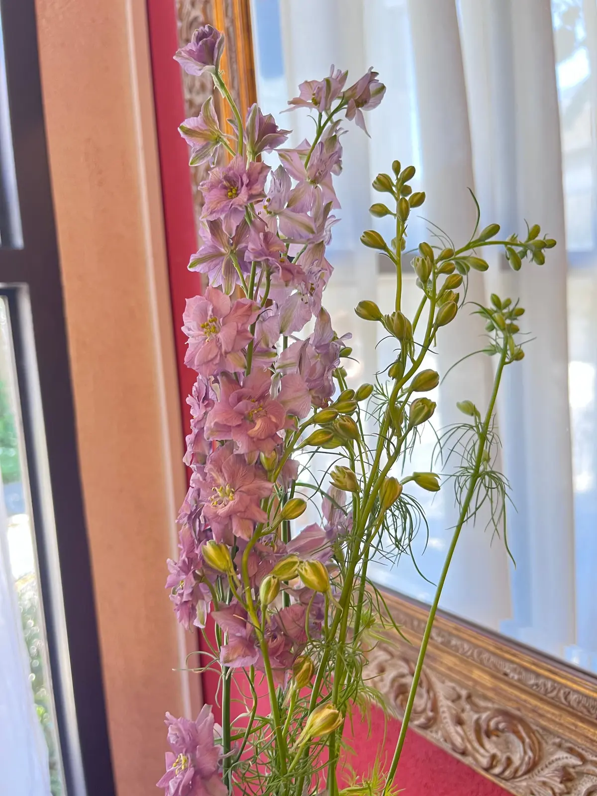淡い紫の花が密集した花茎と、緑の細長い花穂が並ぶ花の bouquet