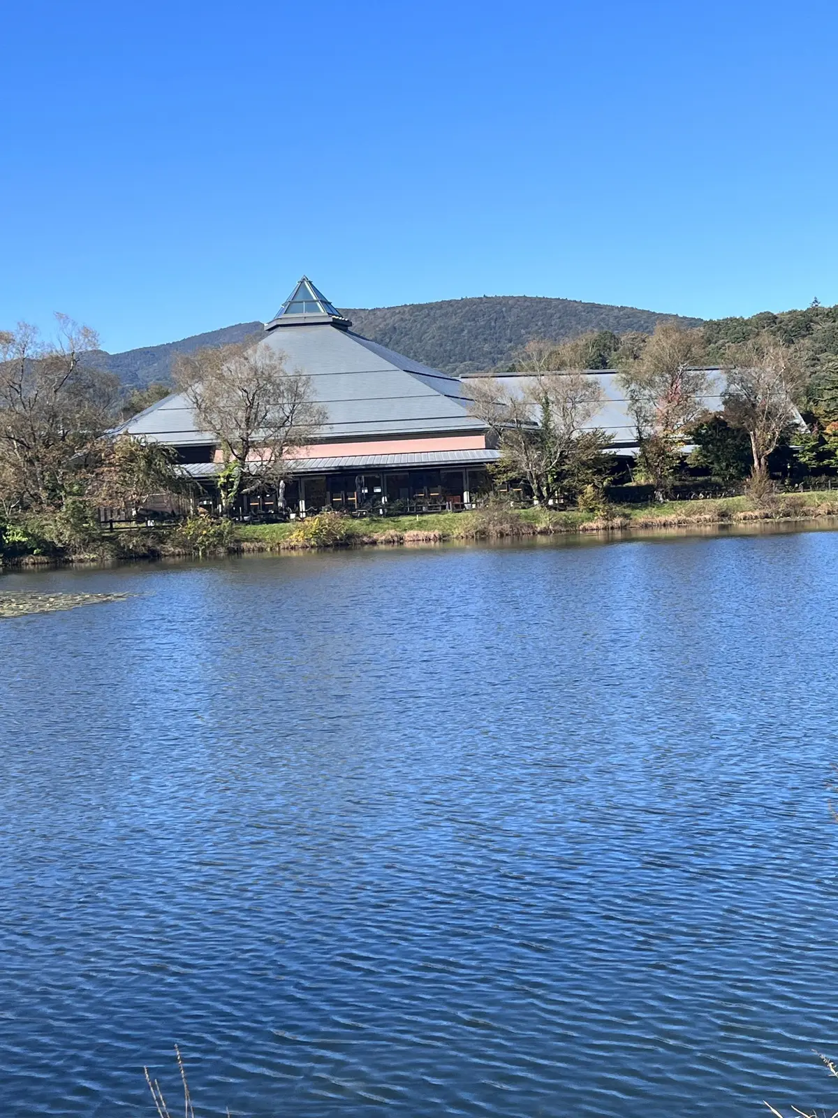 湖に面した、特徴的な屋根の建物。建物はグレーの屋根で、中央に三角の突起がある。背景には山々と緑豊かな木々が見える。水面は穏やかで、波紋が広がっている。