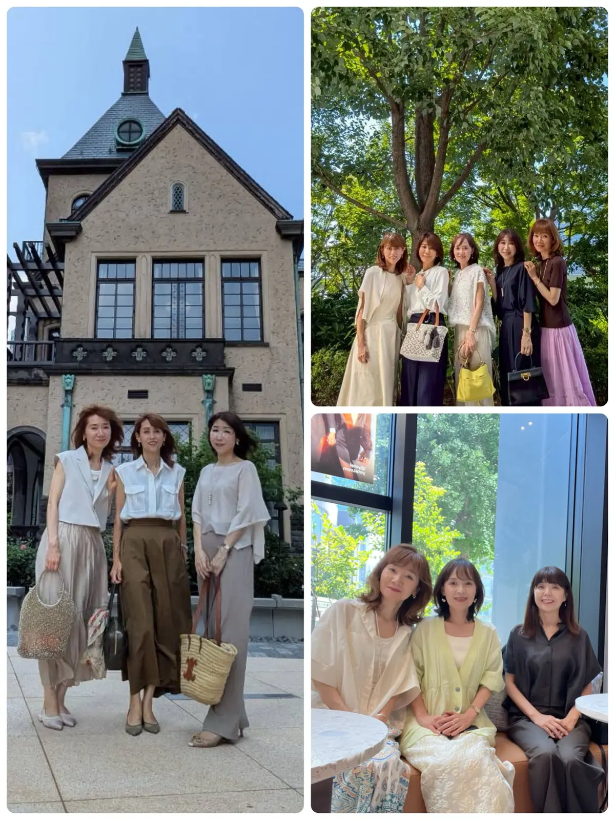 以下に、画像のAltテキストを提案します。

**全体**

* 4枚の画像。友人らしき女性たちが、屋外の様々な場所で写っている。

**各画像**

* **左上:** 古い洋風建築物の前で、4人の女性が並んで立っている。ベージュと白の服装が多い。