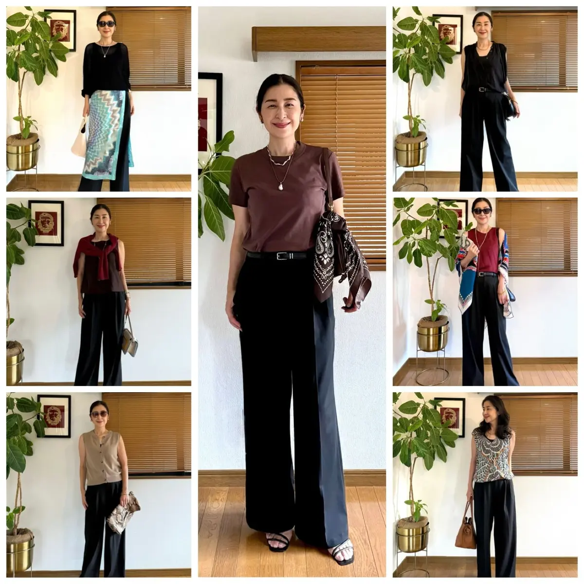 UNIQLOスマートワイドストレートパンツ、女性が、ワイドパンツに様々なトップスを合わせたコーディネートを8パターン披露している写真。背景には観葉植物と木目調のブラインドが見える。