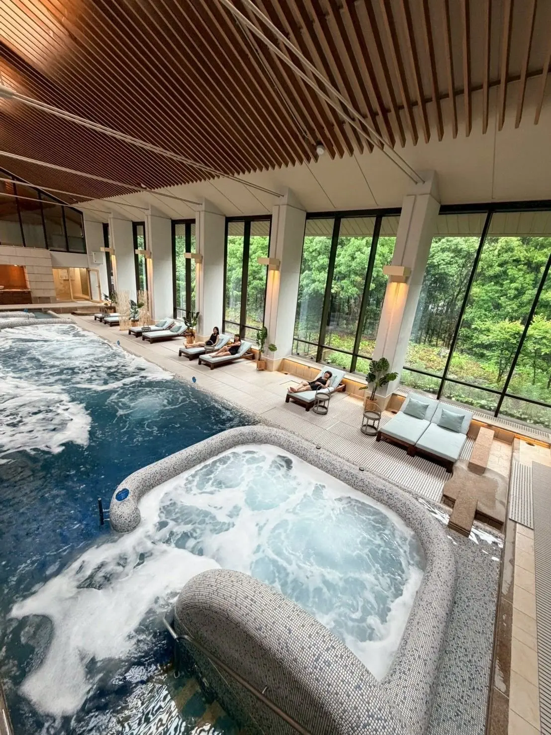 木目調の天井が広がる屋内プール。プールには水流を作り出す仕掛けがあり、泡が立っている。プールサイドにはリクライニングチェアが並び、数名がくつろいでいる。大きな窓の外には緑豊かな木々が見える。