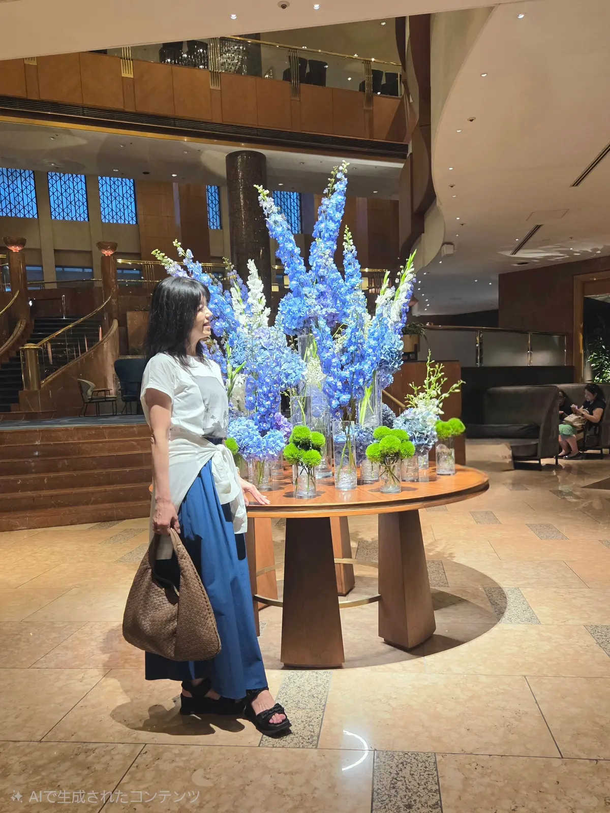ホテルのロビーに置かれた丸い木製のテーブルに、鮮やかな青色の花が飾られている。女性がテーブルの横に立ち、花を眺めている。背景には階段と吹き抜けが見える。