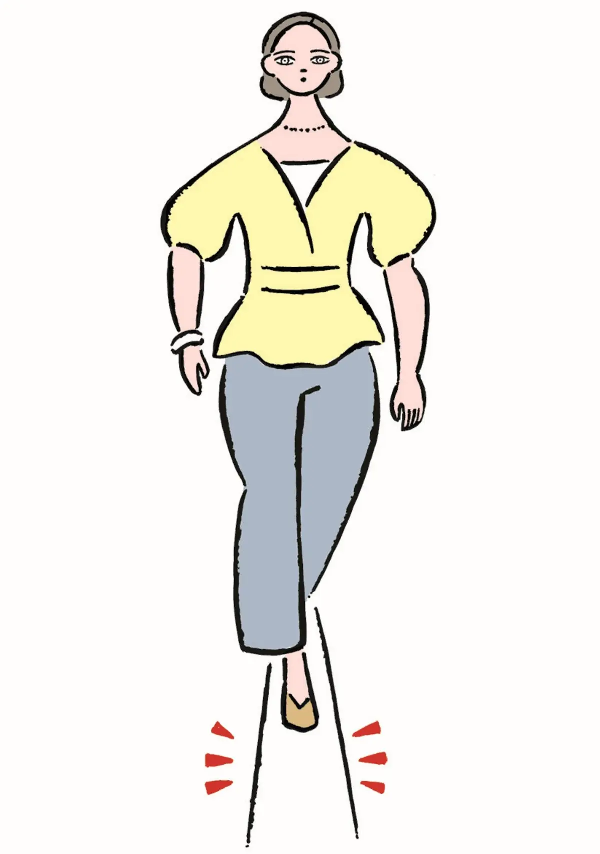 固有感覚の鍛え方　ベージュのトップスとパンツを着た女性が、正面を向いて歩いているイラスト。短い髪型で、手は軽く握られている。足元には影が描かれている。