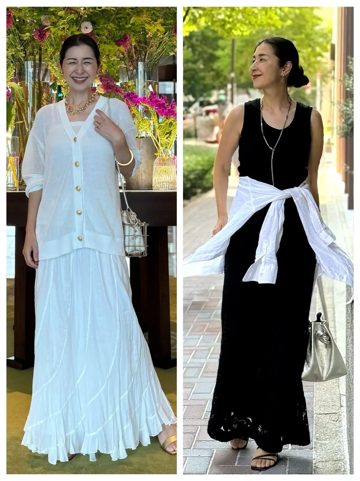 左：白いトップスとロングスカートの女性。金色のネックレスとバッグを身に着け、花が飾られたテーブルの前に立っている。
右：黒いロングドレスに白いシャツを羽織った女性。後ろ髪をまとめ、シルバーのバッグを持っている。