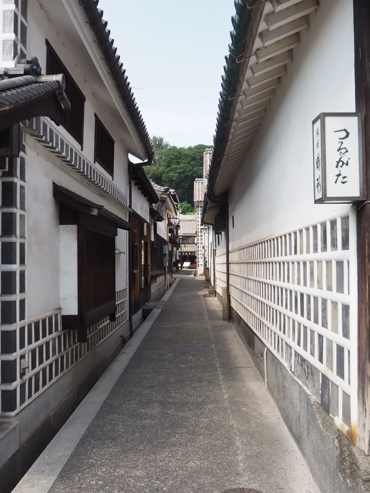 日本の古い街並みを写した写真。両側に白壁の家が並び、細長い路地が奥へと続いている。家々の壁には格子模様があり、軒には黒い屋根瓦が見える。路地の先に緑豊かな山並みが望む。