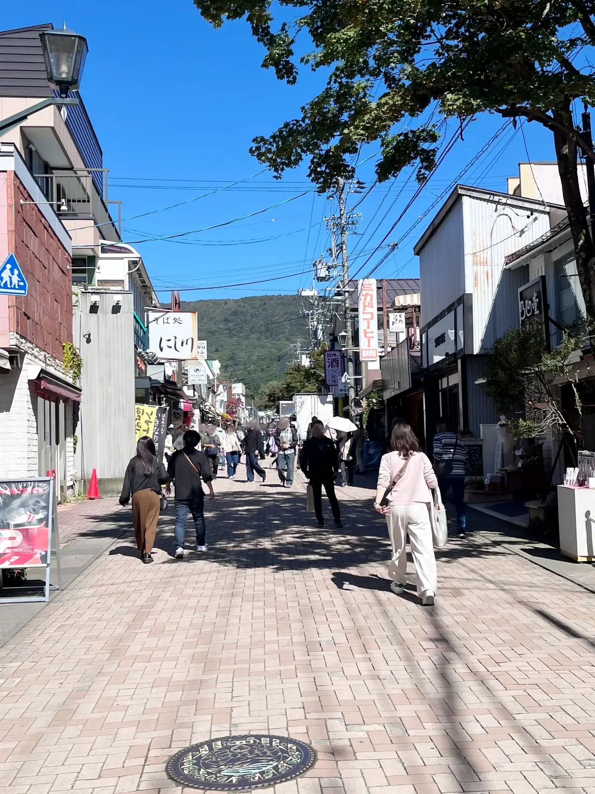 石畳の道が遠くまで続く、日本の商店街の風景。両側には建物が並び、人々が歩いている。青空の背景に緑の山が見える。電線や看板も写っている。