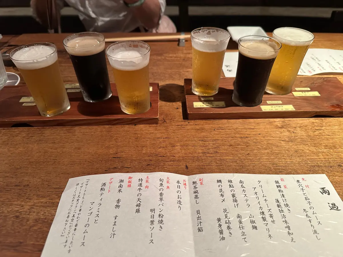 木製トレイに並んだ6つのビールグラス。色は淡い黄色から濃い黒まで様々で、泡立ちも異なる。下にはビールの説明書が置かれている。