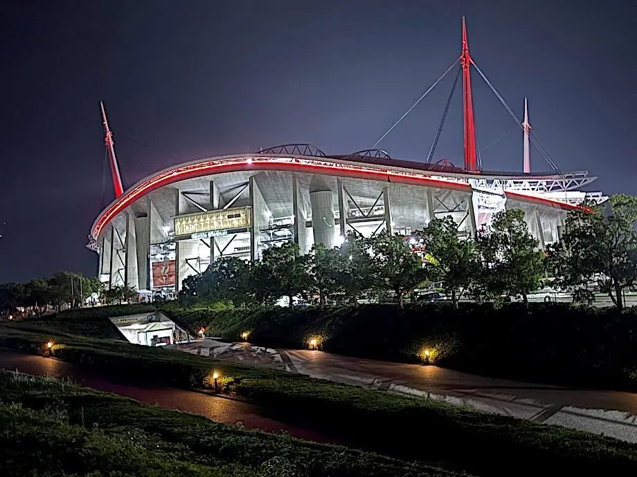 夜のシンガポール国立競技場。赤色の照明が施された巨大なドーム型屋根と、赤いライトアップされた塔が特徴的。緑地の高台から、競技場の全体像を捉えた写真。