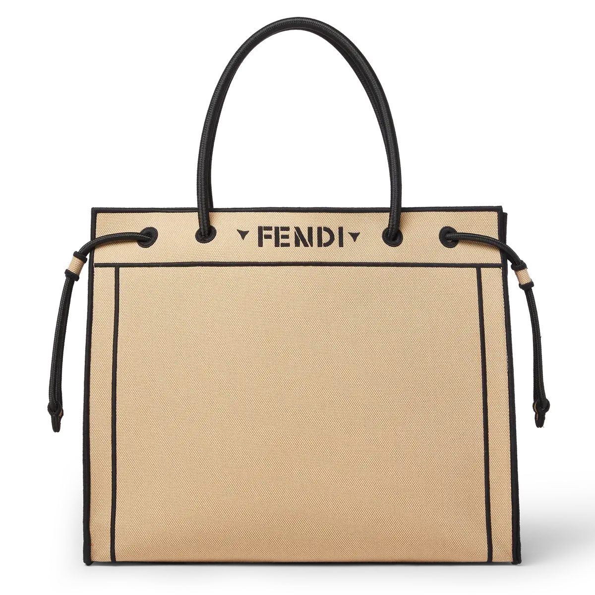 ベージュと白のストライプ柄のFENDIのトートバッグ。中央にブランドロゴが配置され、黒いハンドルとドローコードが付いている。
