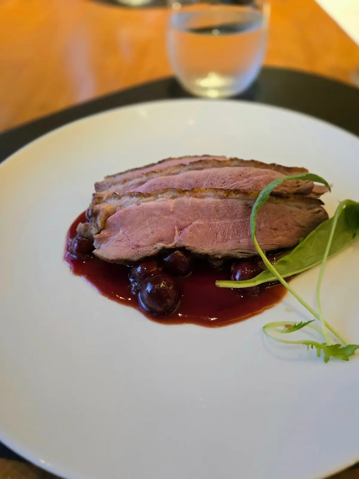 白い皿に盛り付けられた鴨肉の切片。表面は軽く焦げ目がつき、ピンク色。赤紫色のソースと、葉物野菜、小さな芽が添えられている。
