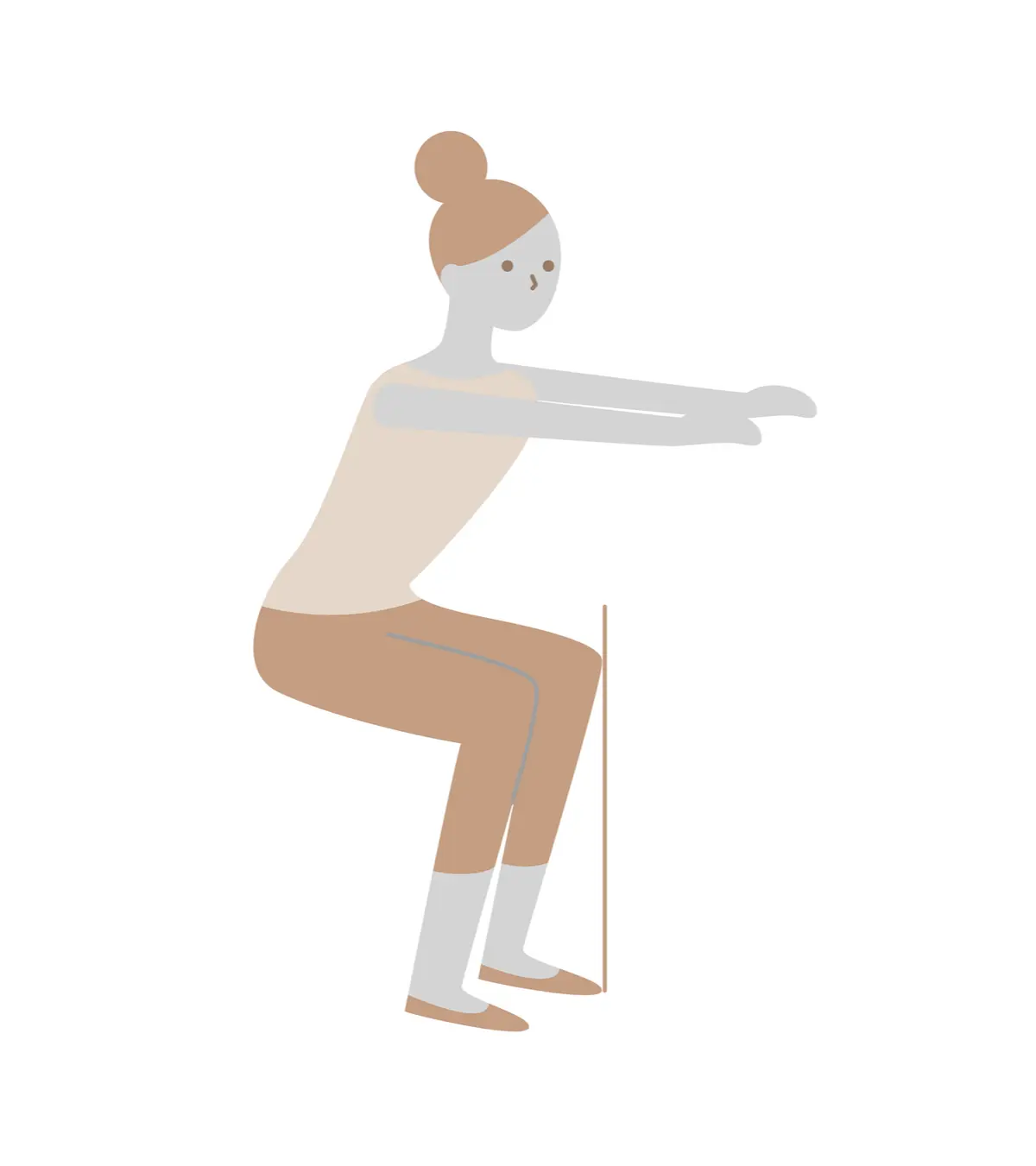 ベージュのトップスと茶色のパンツを着用した女性が、壁に背を向けてスクワットの姿勢をしているイラスト。両手を前に伸ばし、バランスを取っている。髪はアップスタイル。