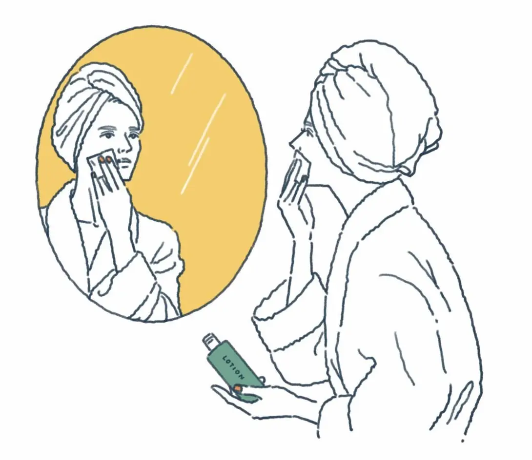 女性の日常をイラストで表現。スキンケアの様子が描かれている。背景にはオレンジや黄色の円形モチーフが配置されている。