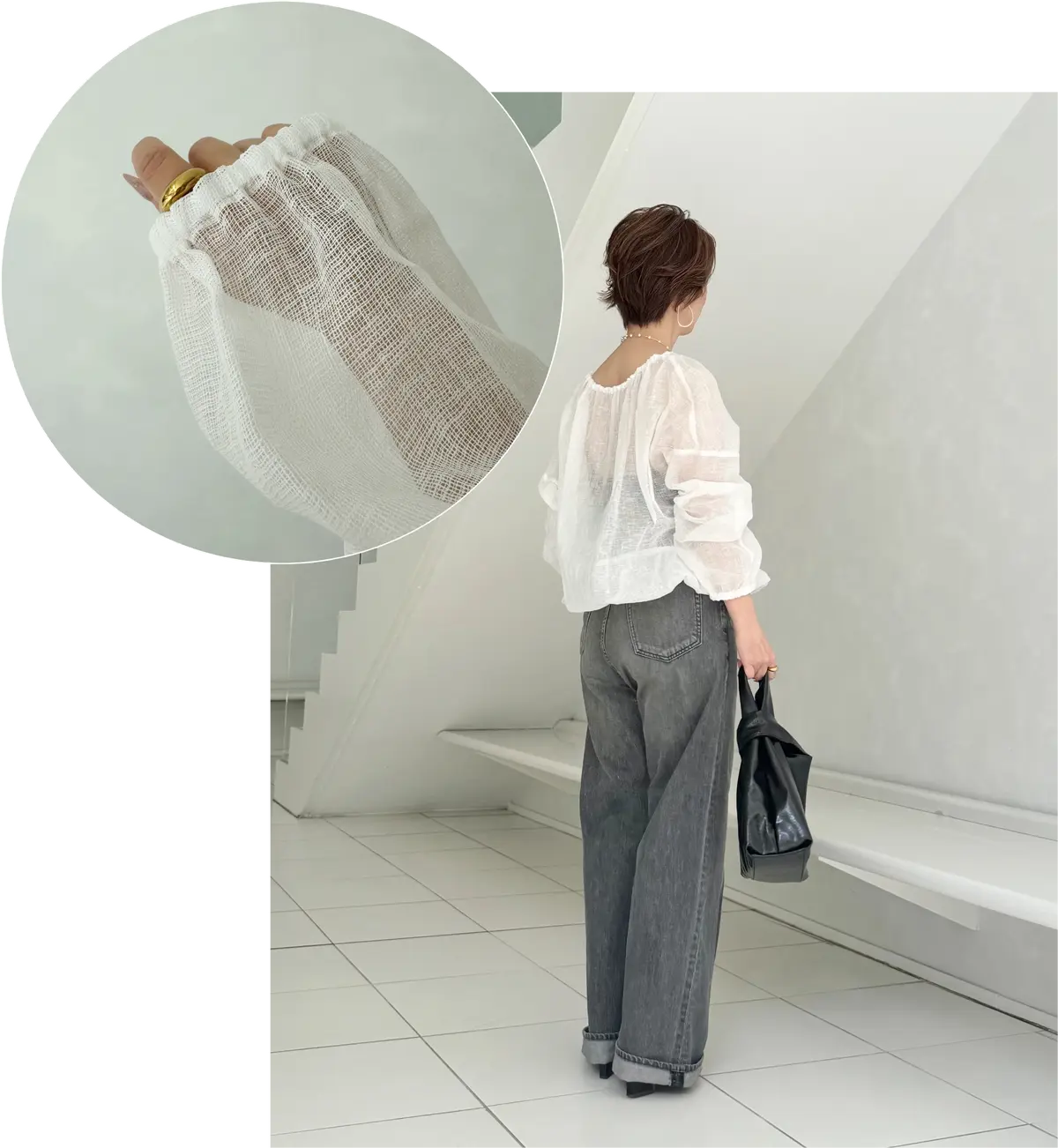 エクラ 華組　細谷さん　「ユニクロ」のUVカットカーディガン、大人はどう着る？　左：カーディガン／UNIQLO　シャツ／POLO RALPH LAUREN  パンツ／ZARA　ベルト／GU  バッグ／CHANEL  靴／銀座かねまつ 右：カーディガン／UNIQLO　Tシャツ／MADISONBLUE（ハピプラストアで購入） スカート／AKTE　ベルト／SOÉJU　バッグ／ZARA　靴／Repetto