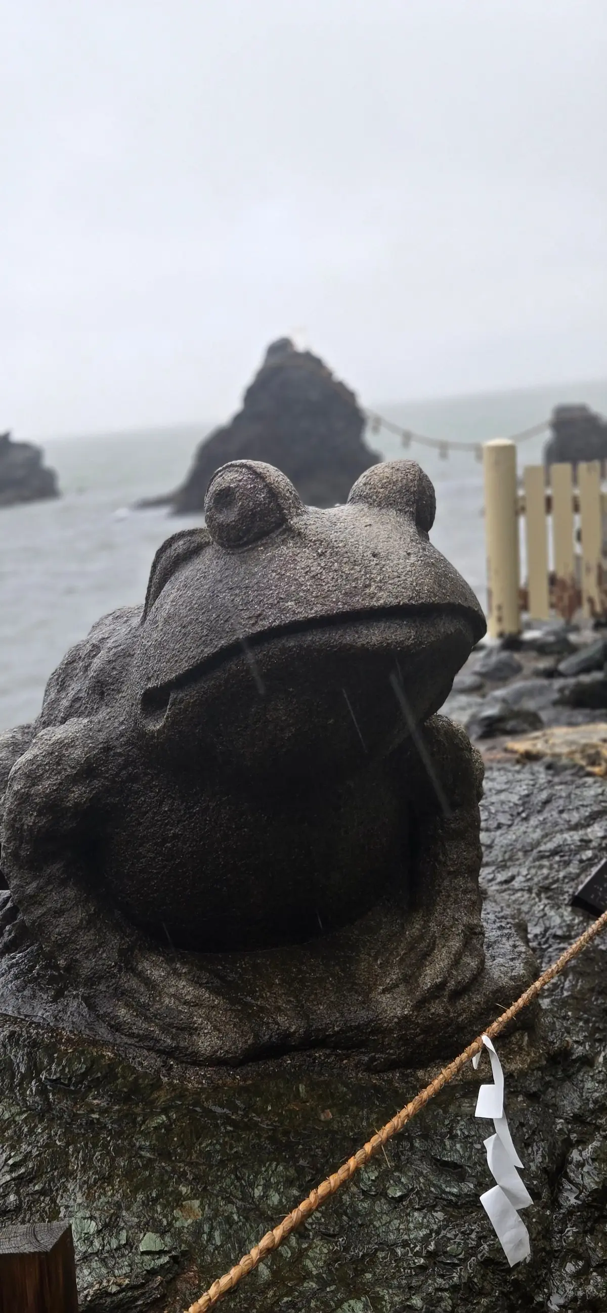 海岸の岩場に置かれた、大きな石造りのカエル像。雨に濡れ、灰色がかった色合い。背景には海と岩場、橋が見える。