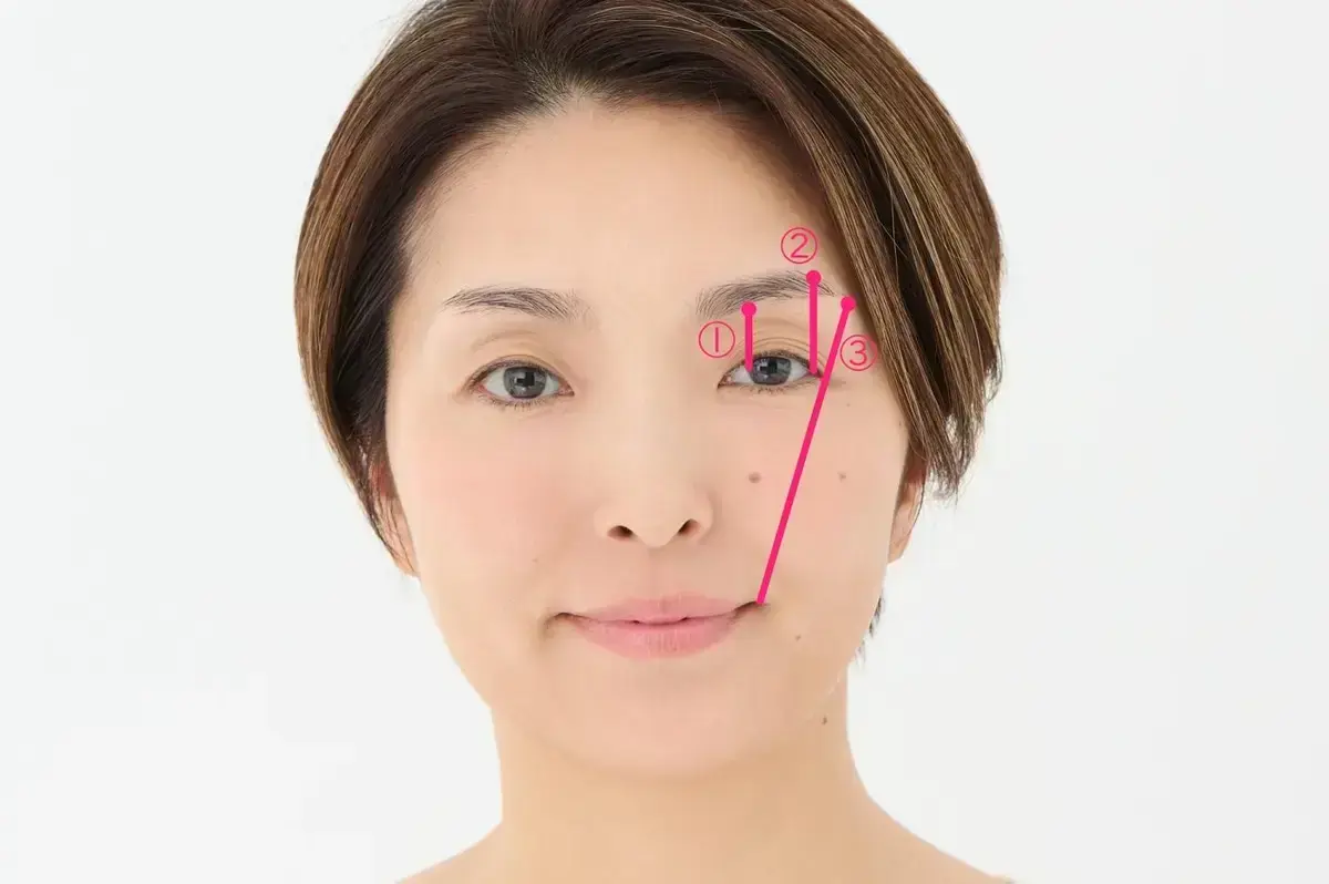 ミディアムブラウンのアイブロウペンシルで、ガイドの点を３カ所入れます。