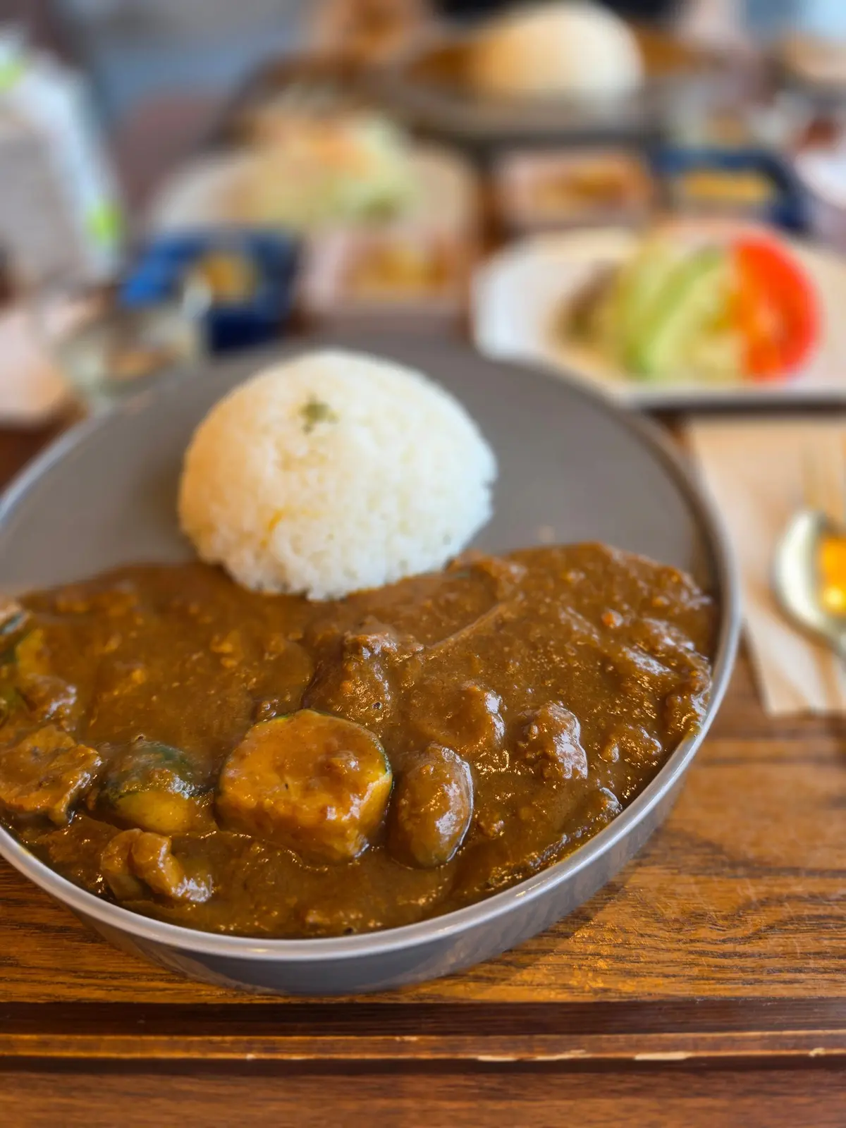 グレーの皿に盛り付けられた、茶色のカレーと白米。カレーには野菜と肉が入っており、丸い白米がカレーの上に置かれている。背景には他の料理が見える。