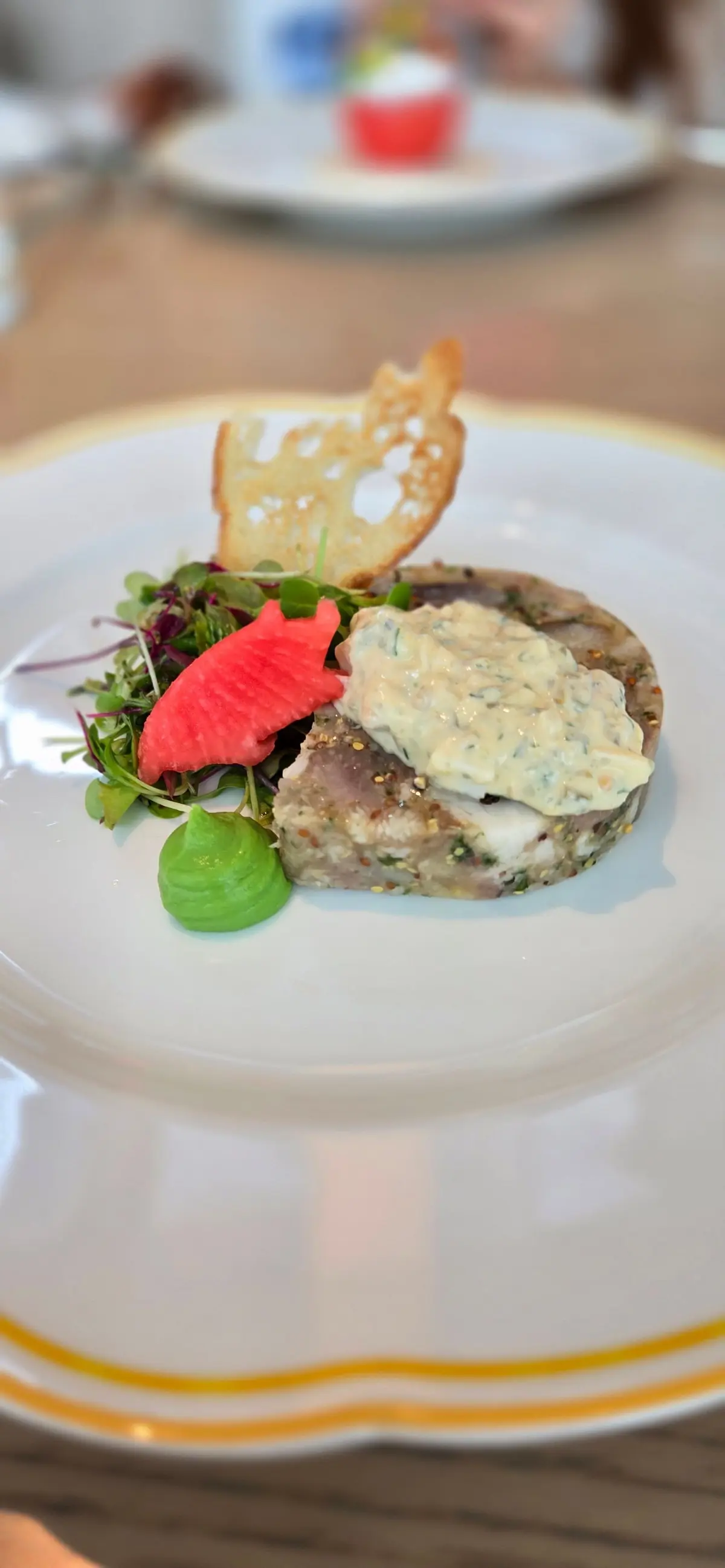 白いプレートに、魚の切り身にクリームソースをのせた料理。ワサビの輪切り、緑のサラダ、赤いフルーツのスライス、緑のソースが添えられ、焼きトーストが横に置かれています。