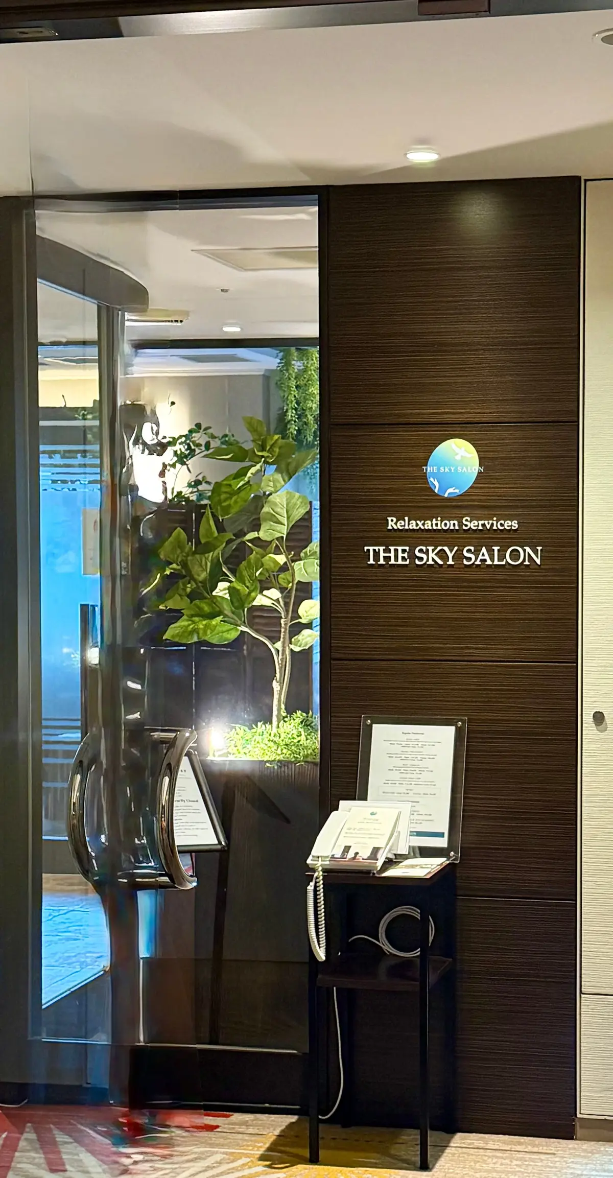 茶色のドアに「THE SKY SALON Relaxation Services」のロゴとメニューが置かれた入り口。ドアの横には植栽があり、自動ドアの向こう側には明るい空間が見える。