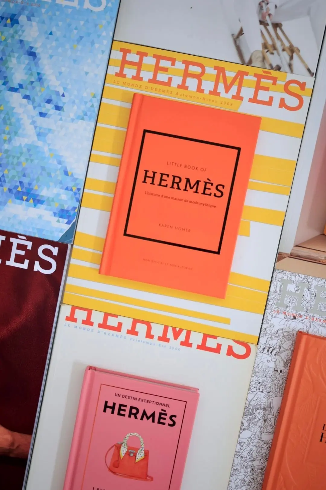 パリのエルメスの購入本。赤、オレンジ、ピンクの表紙が目立ち、それぞれに「HERMÈS」のロゴが配置されている。背景には、モザイク模様の紙と木の枝が見える。